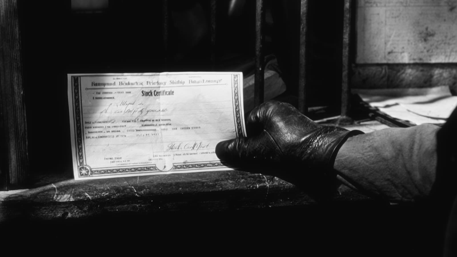 A gloved hand slides a stock certificate across a pawnshop counter.